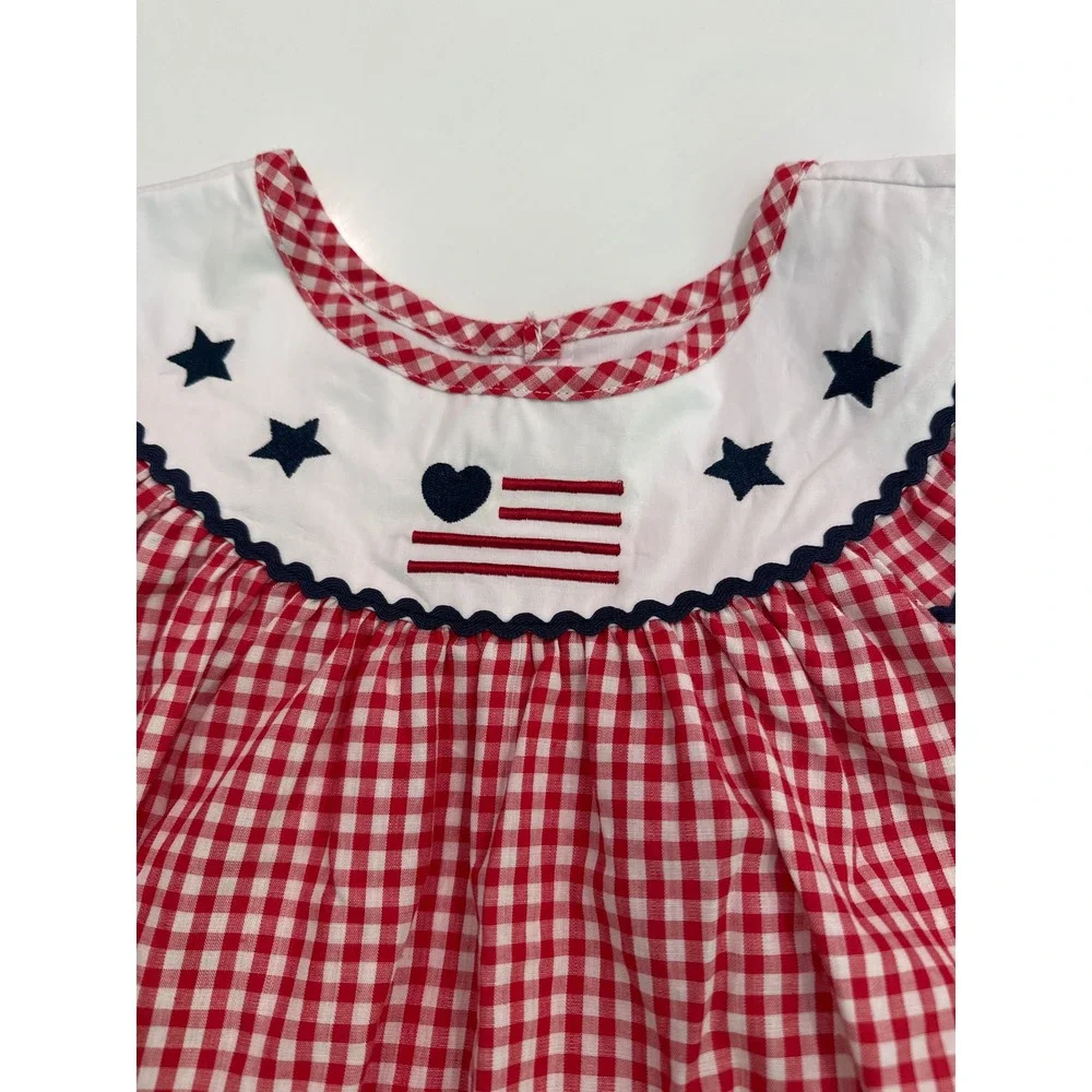 Handmade Girls Patriotic Gingham Flag Embroidery Ruffle Short Set Red White Blue